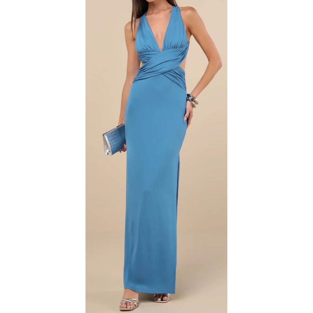 NWT Lulus Size XS Alexandria Turquoise‎ Backless Column Maxi Dress Blue